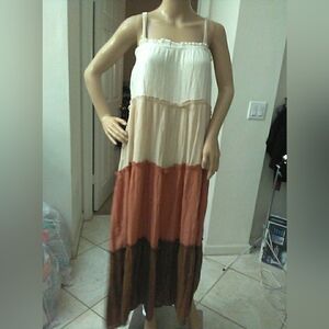 Blu Pepper Tiered Cream and Brown Maxi Dress Sz. Lg  Adj. STRAPS LINED